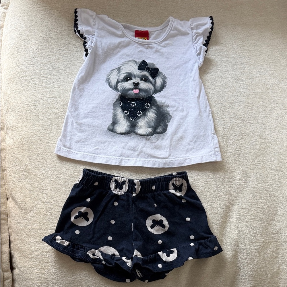 Girls White & Navy Puppy Pajama Set with Ruffle Sleeves